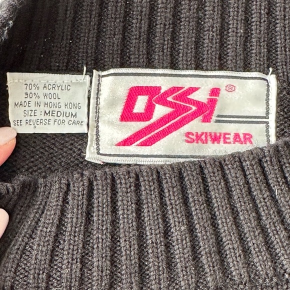 OSSI Skiwear Vintage Sweater 80s Wool Blend Black Pullover Made in Hong Kong M - Picture 12 of 16